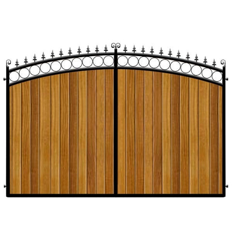 Feature bow top estate gates. The Bath design. Deep frame with Iroko hardwood cladding.