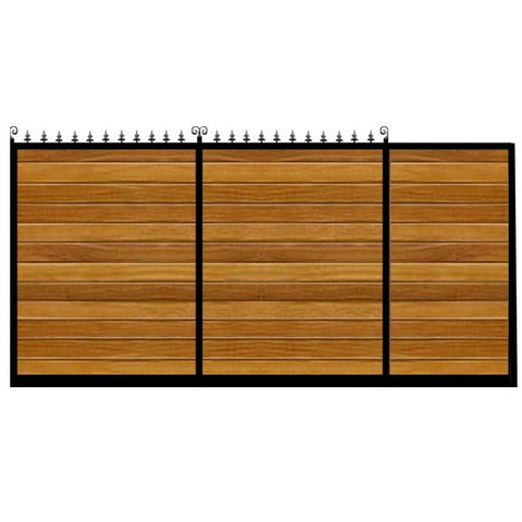 Dartford Sliding Gate. Flat top design with feature header rail. Deep frame combined with the finest timber clad. Made to measure in the UK.