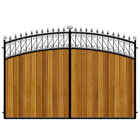Oxford Estate Gates. Double bow header with feature top. Deep metal frame with the finest Iroko (hardwood) cladding. Elegant design.