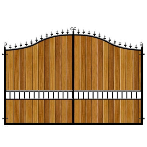 Waltham Forest Estate Gates. Bespoke sizes, handcrafted in the UK. Choose the cladding from Iroko or Cedar.