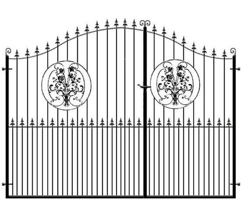 3/4 Split Wrought Iron Estate Gates - The Buckinghamshire. Feature rose inset with a choice of header options. Made to measure in the UK to any size.