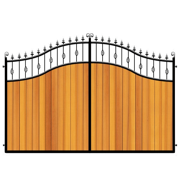 Cedar Estate Gates. Double sweeping swan neck top with feature insets.
