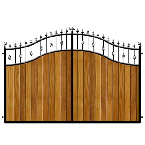 Aberdeen Estate Gates. Elegant double swan neck sweeping top with feature insets. Deep frame with the finest Iroko cladding.