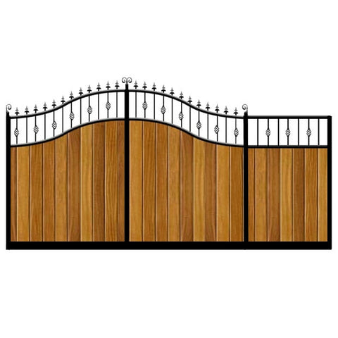Aberdeen Sliding Gate. Double swan neck feature top. Deep metal frame with the finest timber cladding. Made to measure in the UK.