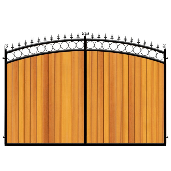 Cedar cladded Estate Gate. Feature header set within its sweeping bow. Made to measure in the UK.
