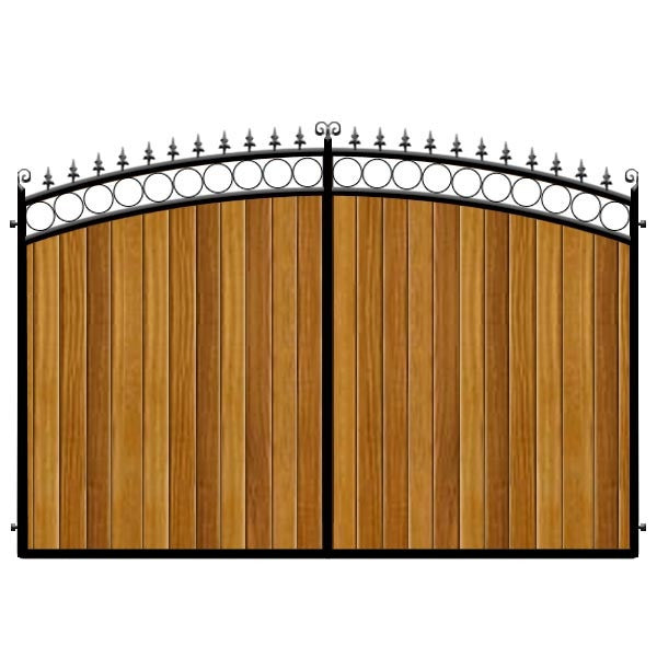 Feature bow top estate gates. The Bath design. Deep frame with Iroko hardwood cladding.