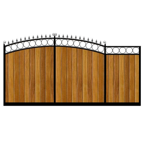 Bath Sliding Gate. Sweeping double bow top with feature rail and inset circles. Constructed by hand from the finest timber set within a deep metal frame.