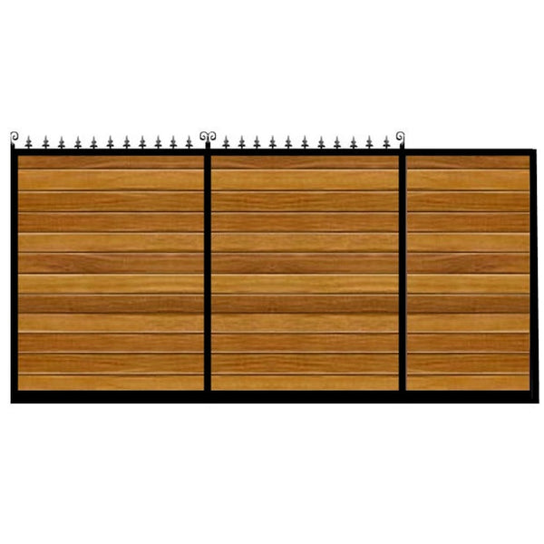 Dartford Sliding Gate. Flat top design with feature header rail. Deep frame combined with the finest timber clad. Made to measure in the UK.