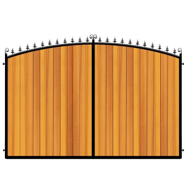 Cedar cladding with bow top and feature header. The Dorchester Estate Gate will really make an entrance to any property.