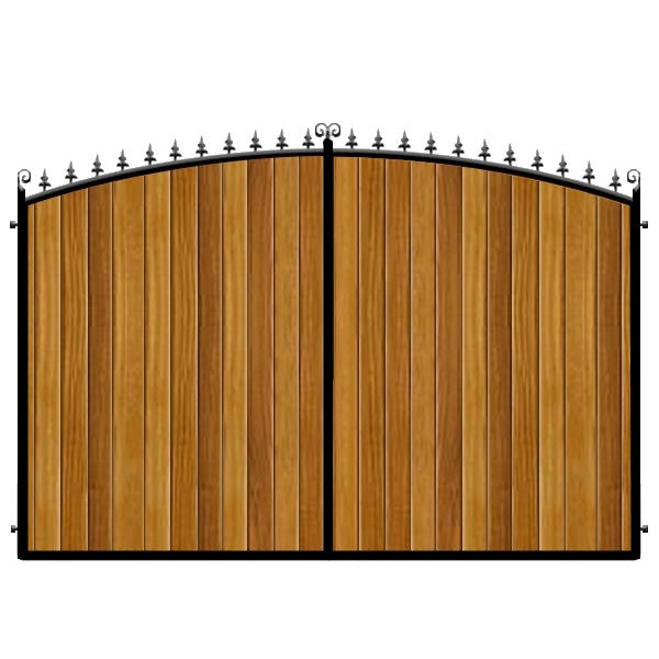 Bow top Estate Gates. The Dorchester. Featuring thick Iroko cladding within a deep metal frame.