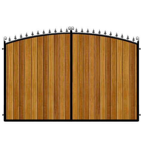 Bow top Estate Gates. The Dorchester. Featuring thick Iroko cladding within a deep metal frame.