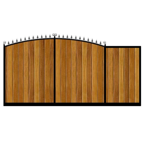 Dorchester Sliding Gate. Bow top design with feature header. Deep framed with the finest wooden cladding infill. Made to measure in the UK.
