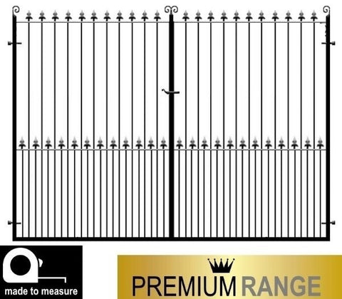 Estate driveway gates - The Darlington. Flat top design with feature fleur de lys header. Handcrafted in the UK to any width