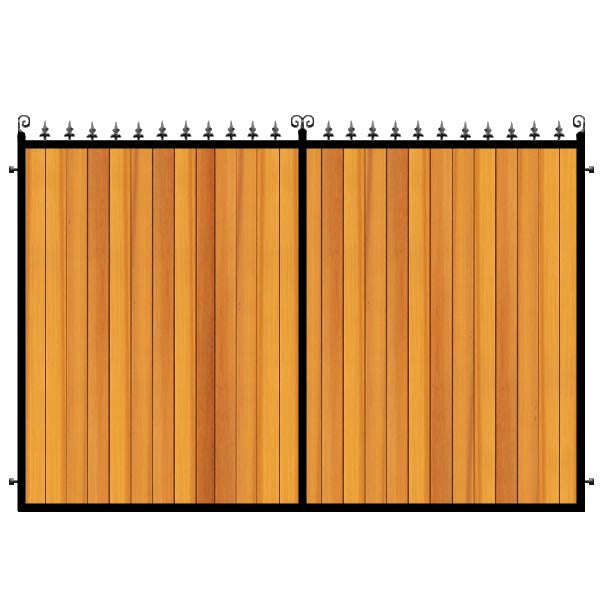 Western Red Cedar Estate Gates. Combining deep wrought iron frame and the finest cedar cladding. Made to measure by hand in the UK.