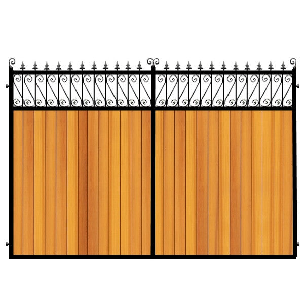 Lemmington Estate Gates. Finest Western Red Cedar, feature header rails all set within a deep metal frame. Handcrafted in the UK to any size.