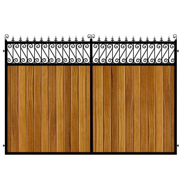 Lemmington Estate Gates. Handcrafted in the UK to any width. Combining the finest Iroko cladding set within a deep metal frame.