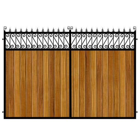 Lemmington Estate Gates. Handcrafted in the UK to any width. Combining the finest Iroko cladding set within a deep metal frame.
