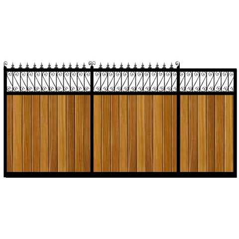 Lemmington Sliding Gates. Handcrafted in the UK to any width. Combining the finest Iroko cladding set within a deep metal frame.