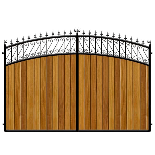 Oxford Estate Gates. Double bow header with feature top. Deep metal frame with the finest Iroko (hardwood) cladding. Elegant design.