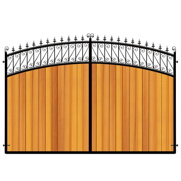 Western Red Cedar Estate Gates - The Oxford. Double bow top with feature header. Made to measure in the UK.