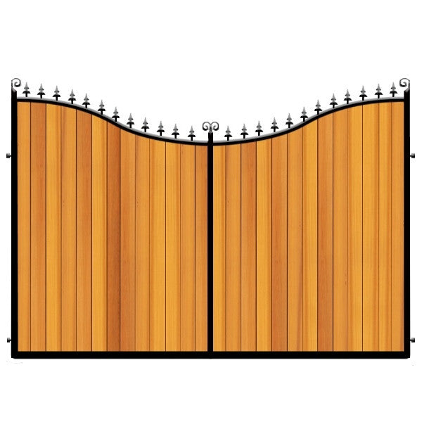 Portsmouth Estate Gates. Cedar cladded within a deep metal frame. Feature inner sweeping swan neck bow. Made to measure in the UK.