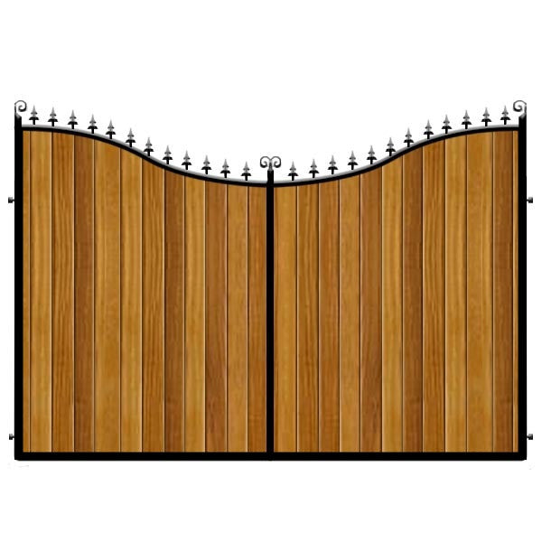 Sweeping inner bow. The Portsmouth Estate gates combines a deep frame with Iroko hardwood cladding.