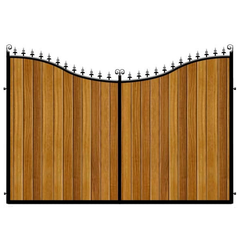 Sweeping inner bow. The Portsmouth Estate gates combines a deep frame with Iroko hardwood cladding.