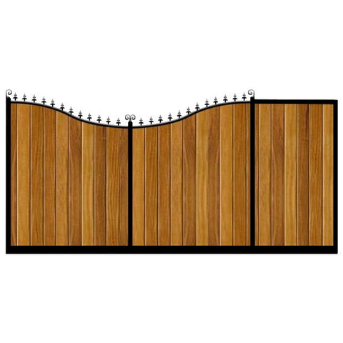 Sweeping inner bow. The Portsmouth Sliding gates combines a deep frame with Iroko hardwood cladding.
