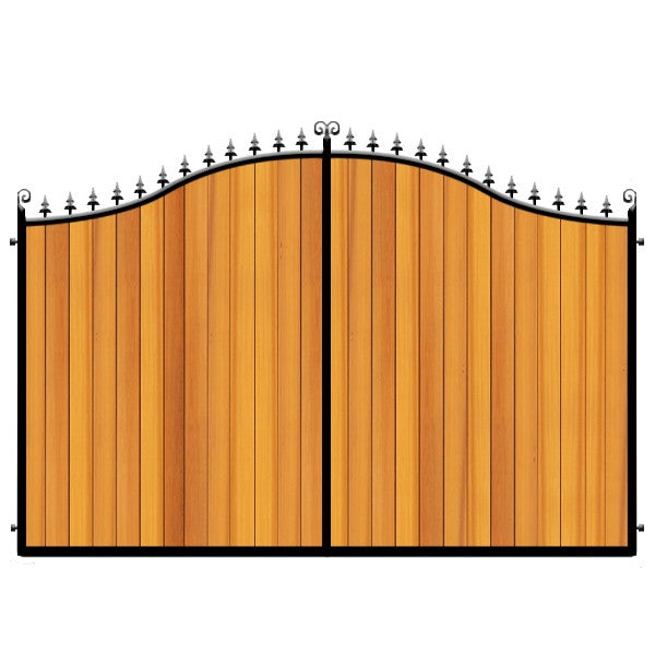 Cedar cladded estate gates with sweeping swan neck and feature header. Made to any size in the UK.