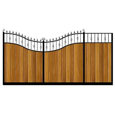 Westfield Sliding Gates. Bespoke sizes, handcrafted in the UK. Deep metal framed with the finest timber infill. Feature double inner swan neck design.