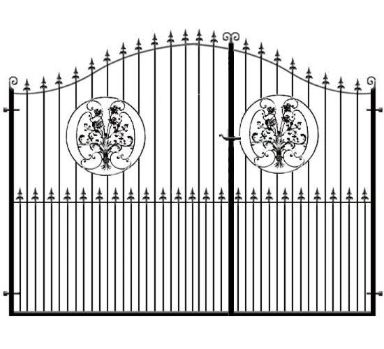 3/4 Split Wrought Iron Estate Gates - The Buckinghamshire. Feature rose inset with a choice of header options. Made to measure in the UK to any size.