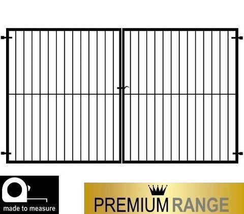 Secure metal gates. The Cheltenham driveway gate, flat top design created using 40mm x 40mm framework and 16mm infill bars. Constructed by hand in the UK to any width or height.