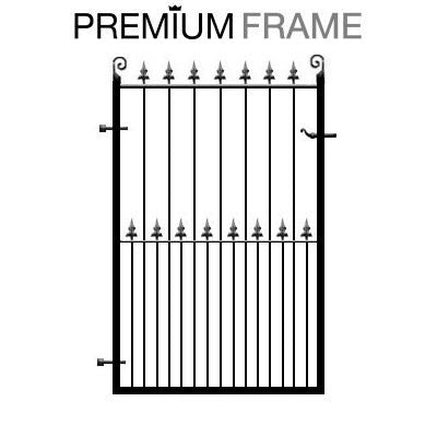 Darlington Metal Gate. Deep metal framed gate with feature fleur de lys header. An attractive garden gate design made to measure in the UK.