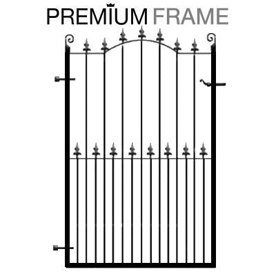 The Surrey Garden Gate. Stunning design constructed using our premium thick frame system. Double swan neck feature bow with fleur de lys detail.